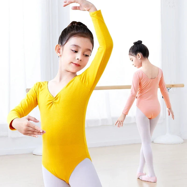 Soft Girls Ballet Leotard – Long Sleeve, Chest-Drawstring, Cotton, For Dance Class