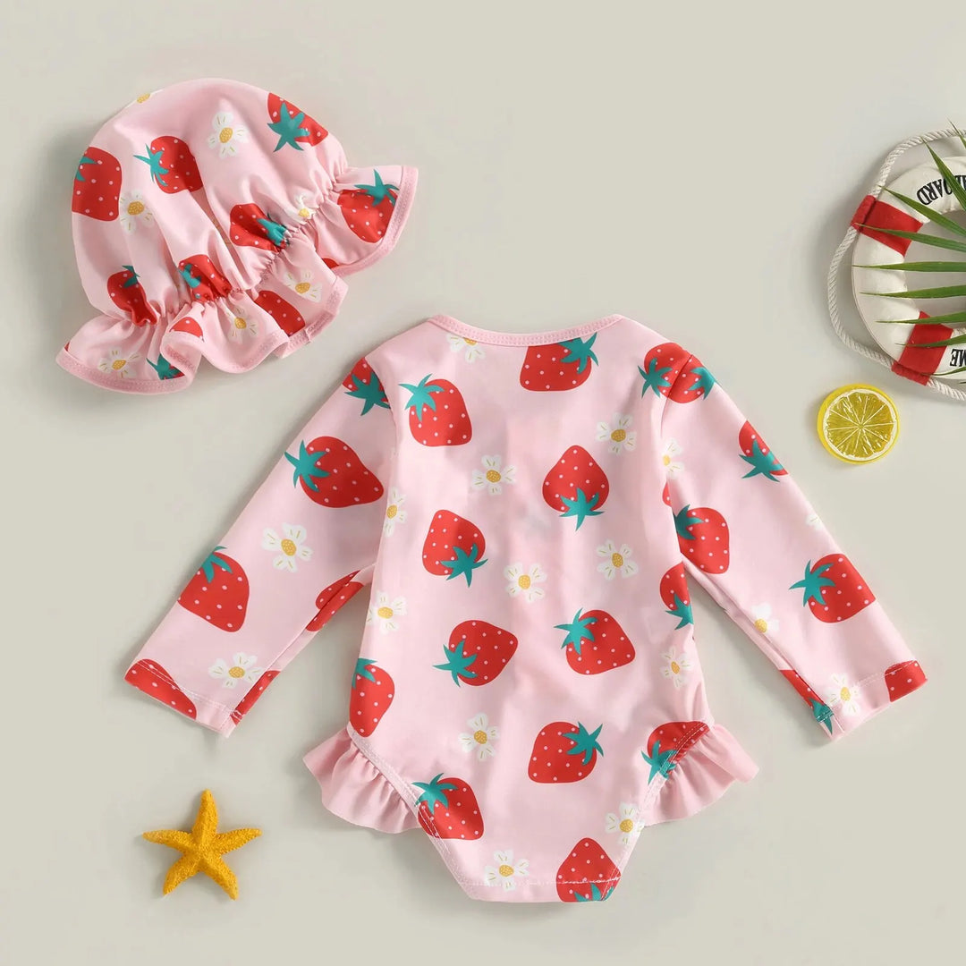 Lightweight infant girl’s swimwear jumpsuit – long-sleeve zipper, flamingo floral print, polyester, for summer