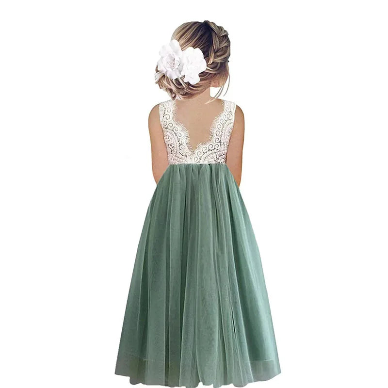 Lightweight Girls’ Flower Girl Dress - Lace Bodice, Flowing Tulle Skirt, Polyester, For Wedding