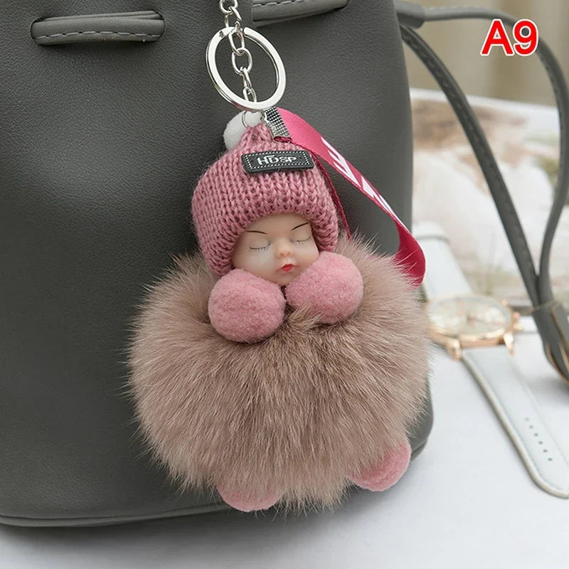 Pompom Sleeping Baby Keychain Plush Bag Charm Cute Gift