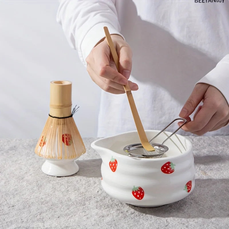 Matcha Bowl Set Ceramic Strawberry Whisk Chasen Kit