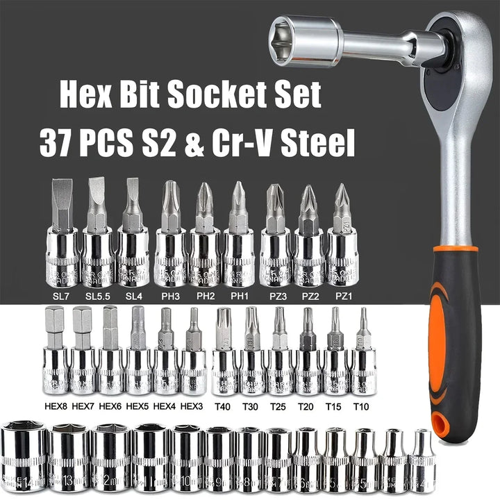 Home Tools Drive Socket Set - 1/4 Inch Ratchet Wrench &amp; Metric Hex Bit Kit for Mechanics