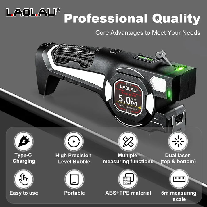 LAOLAU 2-in-1 Laser Tape Measure 5M/16FT – Type-C Rechargeable Class II Laser Auto-Lock Tool 2026