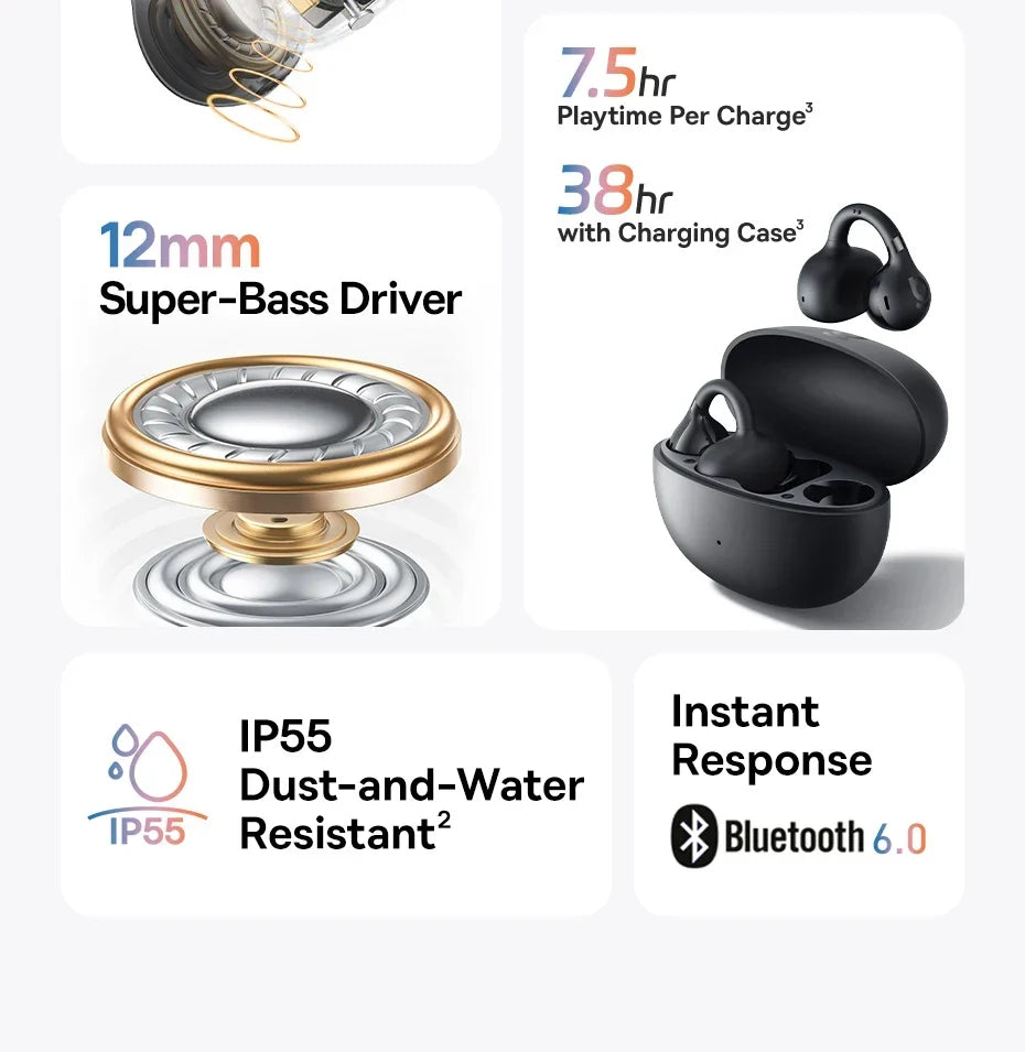 Baseus BC1 Open-Ear Clip Earbuds Bluetooth 6.0 – 4-Mic Noise Cancellation Super Bass IP55 Sports 2026