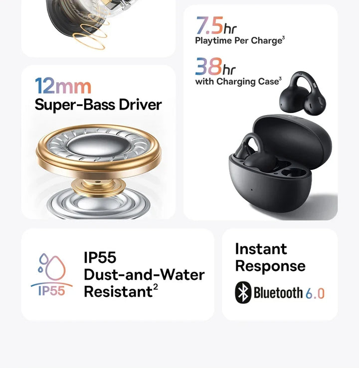 Baseus BC1 Open-Ear Clip Earbuds Bluetooth 6.0 – 4-Mic Noise Cancellation Super Bass IP55 Sports 2026