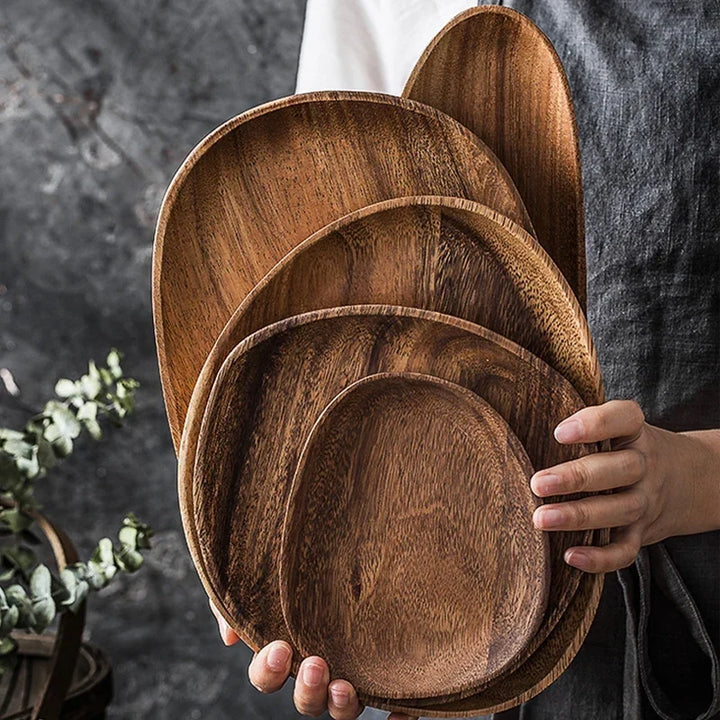 5Pcs Wooden Storage Tray - Acacia Wood Irregular Oval Tableware, Solid Food Container