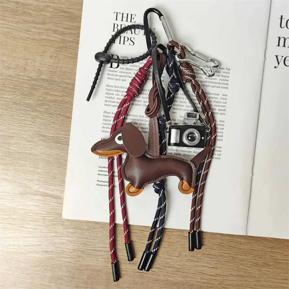 Braid Rope Bag Charm Leather Dachshund Keychain Aesthetic