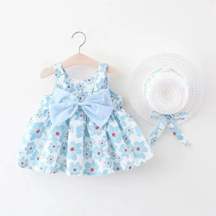Soft baby girls dress - sleeveless, floral bow-embellished, cotton-polyester blend, for summer outings