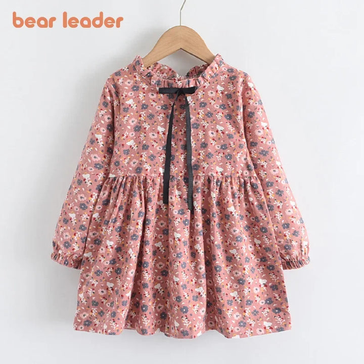 Soft Girls Dress - Long-Sleeve Knee-Length Floral Print, Cotton, For Casual Wear