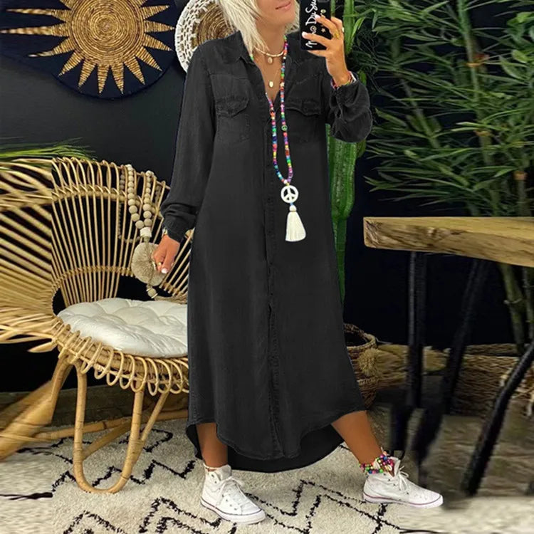 Shirt Jeans Dress Women Long Elegant Splice Dress with Turn Down Collar Summer Fashion