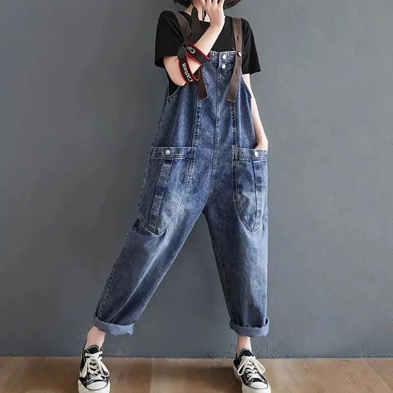 Vintage Big Pocket Suspender Jeans Pants - Women&