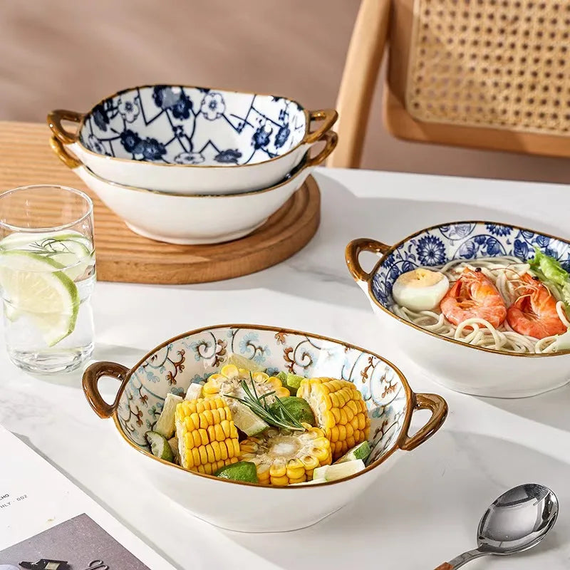 7.5 Inch Japanese Ceramic Noodle Bowl With Handles Blue