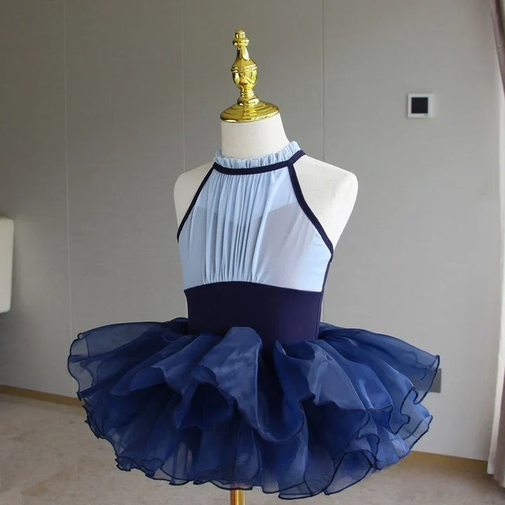 Lightweight girls ballet leotard set - puff-sleeve top, tulle tutu skirt, polyester, for dance class