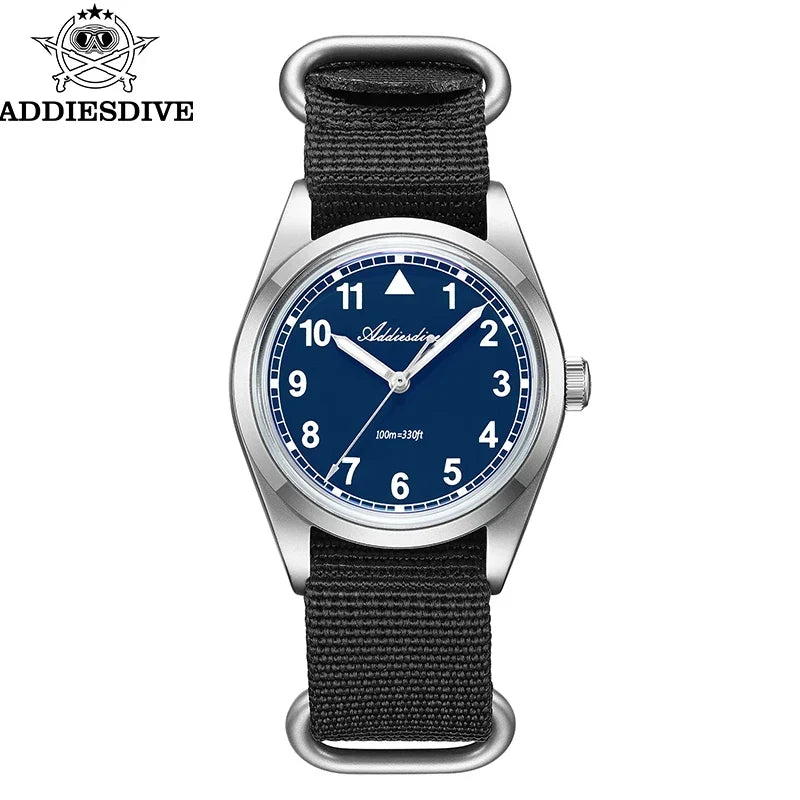 Waterproof Diver Quartz Watch Luminous Hands, Nylon Strap, 100m Water Resistance
