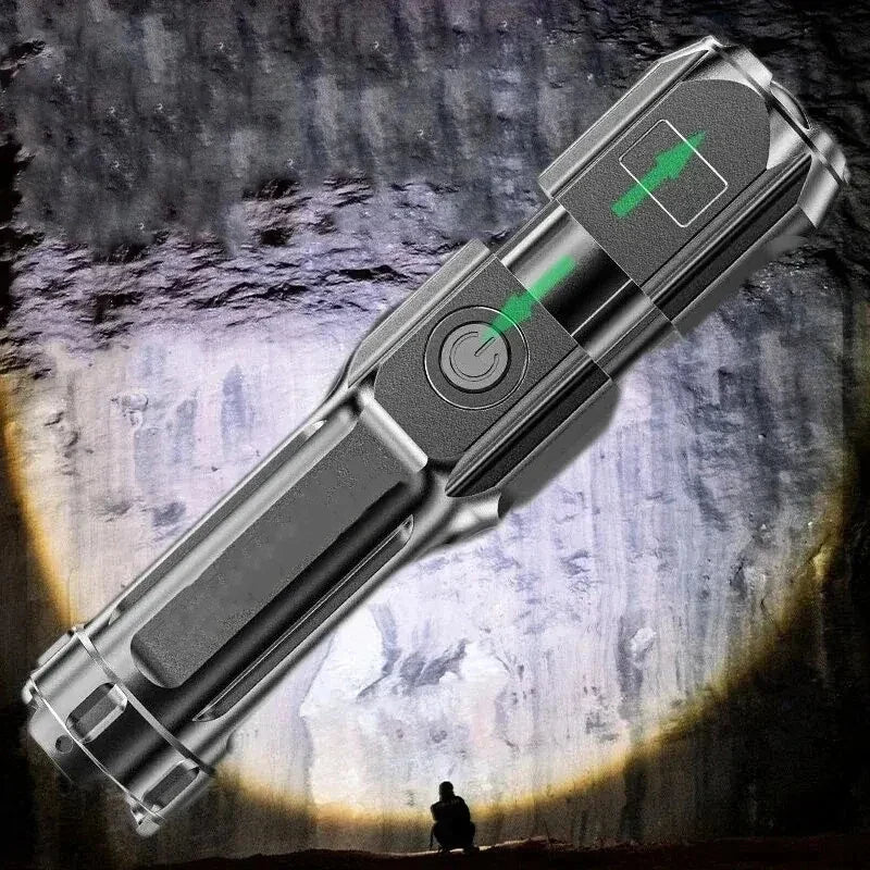 Telescopic Zoom Tactical Flashlight - Rechargeable LED Torch, 4 Lighting Modes, Waterproof for Camping and Fishing
