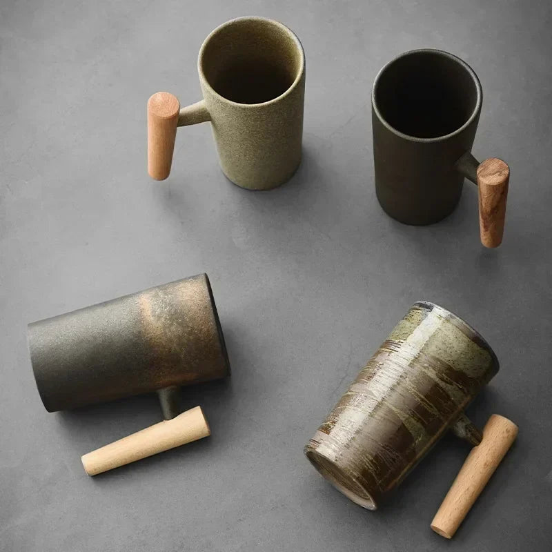 Japanese Style Stoneware Coffee Cup - Handmade Mug with Wooden Handle for Couples