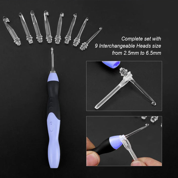 9PCS LED Light Up Crochet Hook Set - USB Rechargeable Knitting Tool 2.5-6.5MM for DIY Crafts