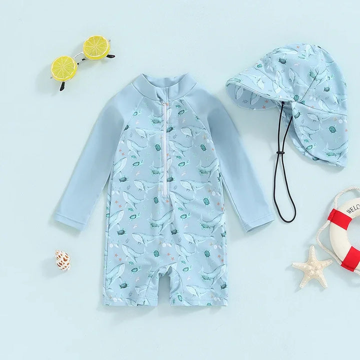 Quick-Dry Baby Rash Guard Swimsuit Set With Sun Hat - Long Sleeve, Polyester, For Beach And Sun Protection
