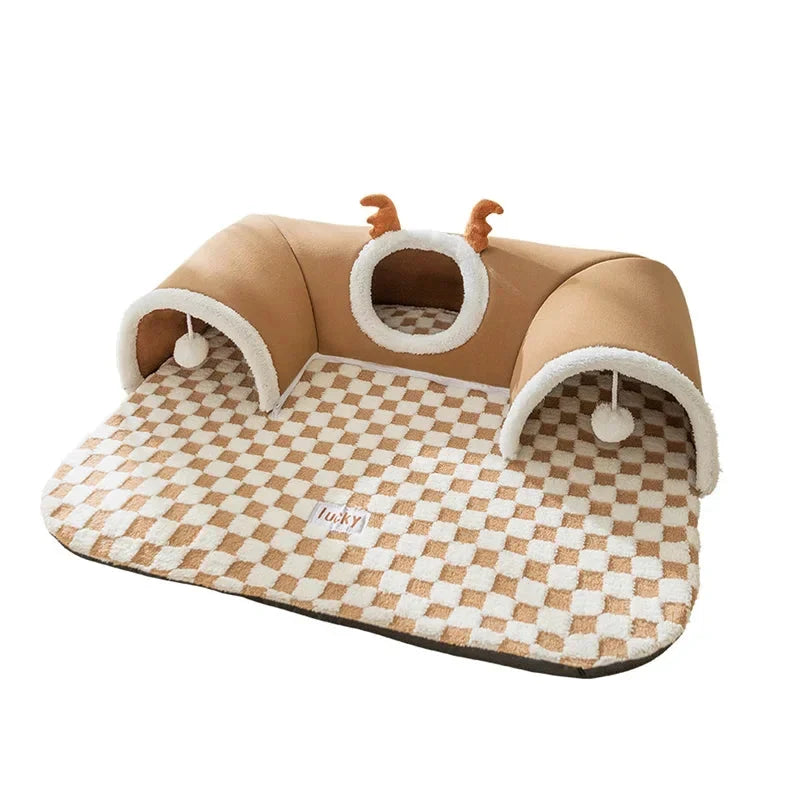 Pet Cat Tunnel Bed House with Peekaboo Plush Toy for Kittens and Small Pets