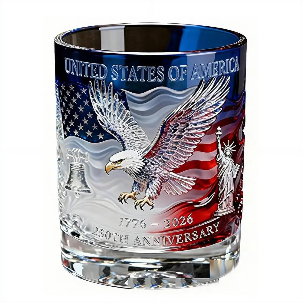 Patriotic Whiskey Glass Hand Blown Eagle Glassware USA 250th Anniversary Rotating Cup Gift Idea