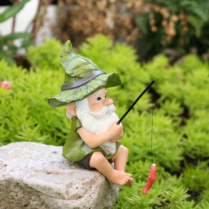 Garden Gnome Fishing Statue Resin Outdoor Ornament Saint Patrick&
