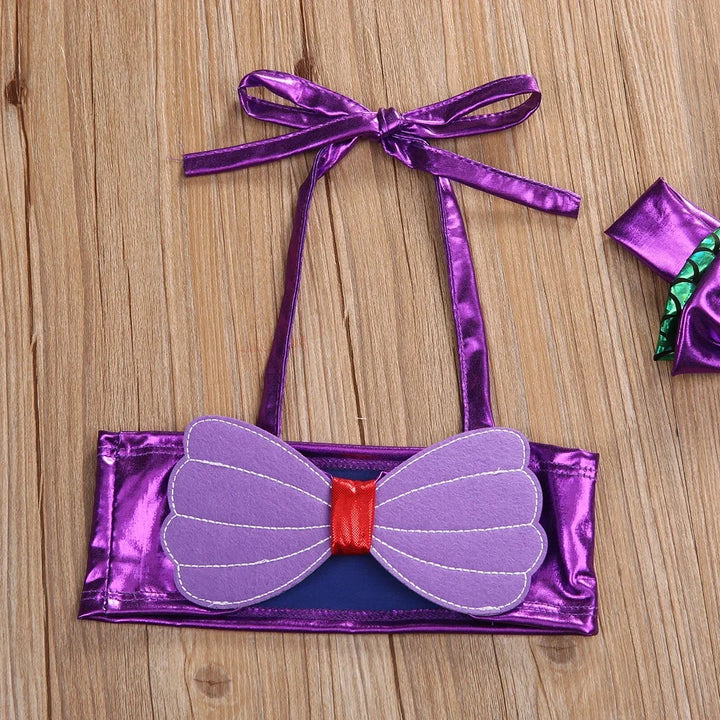 Lightweight girls mermaid bikini set - lace-up 3D bow top, triangle briefs, elastic headband, polyester, summer swimwear