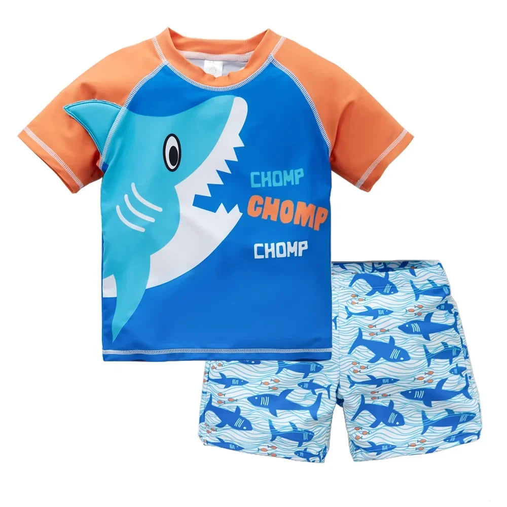 Quick-Dry Boys Swimwear - Two-Piece Cartoon Print Set, Polyester/Nylon/Spandex, Summer Beachwear