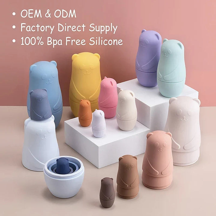 BPA-Free Silicone Stacking Blocks Nesting Doll Toy Set for Educational Play and Motor Skill Development