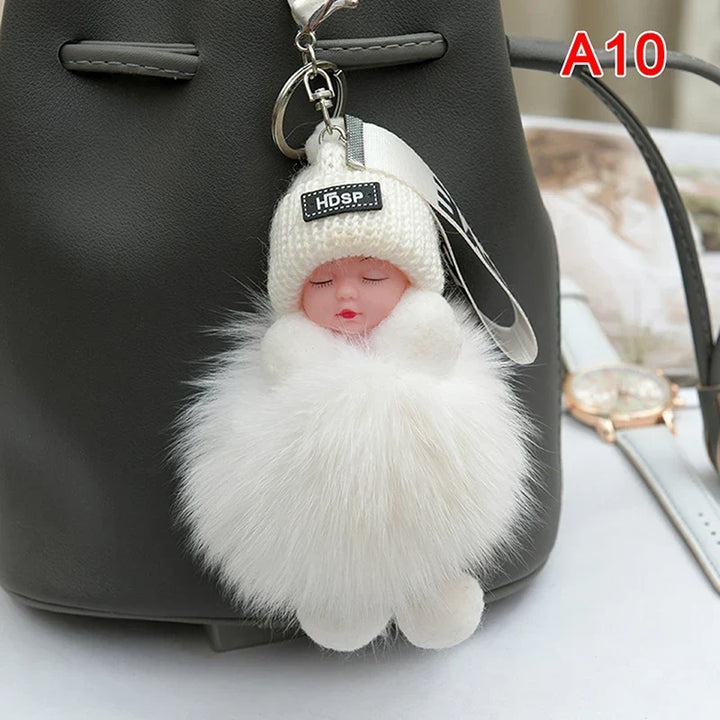 Pompom Sleeping Baby Keychain Plush Bag Charm Cute Gift