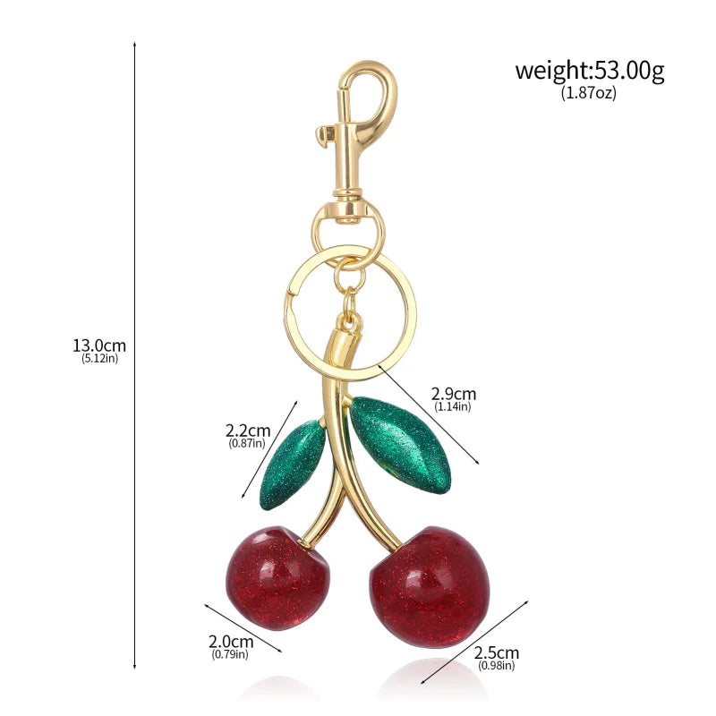 Red Cherry Keychain Bag Charm With Gold Leaf Lobster Clasp