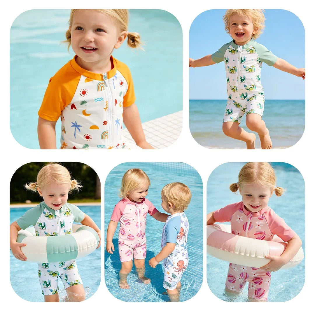 Lightweight durable unisex baby one-piece swimsuit - zip-front, polyester, for summer beach