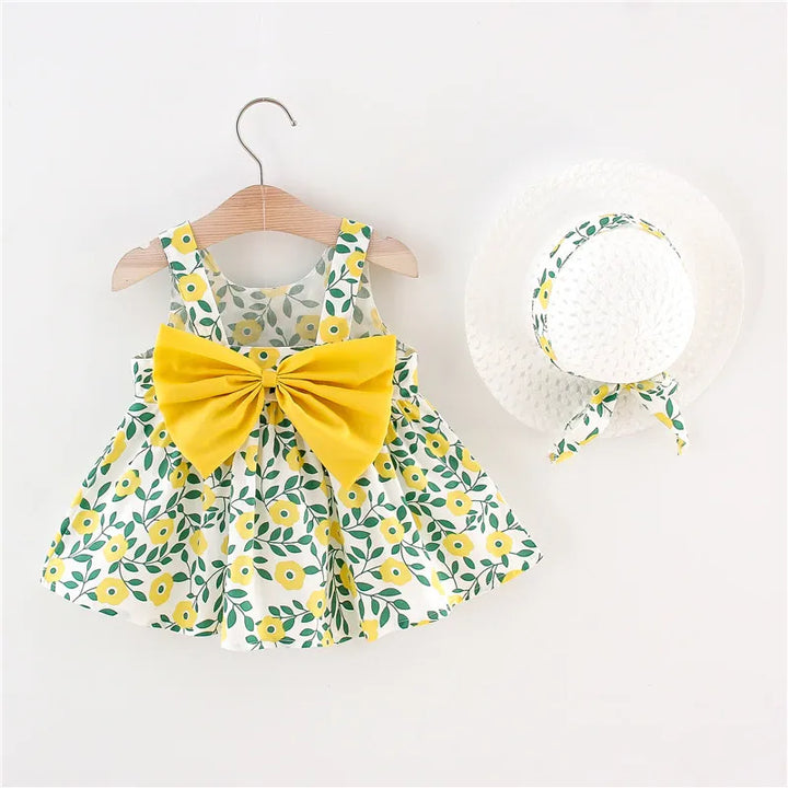 Soft baby girls dress - sleeveless, floral bow-embellished, cotton-polyester blend, for summer outings