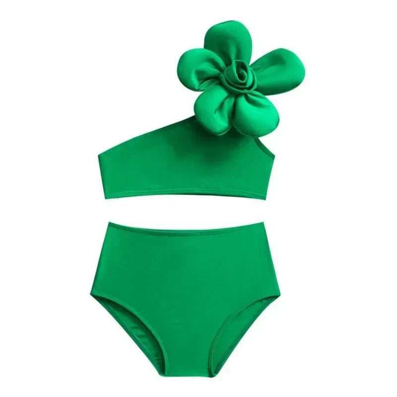 Lightweight girls’ bikini swimsuit set – durable one-shoulder flower top, cotton-polyester, for beach days