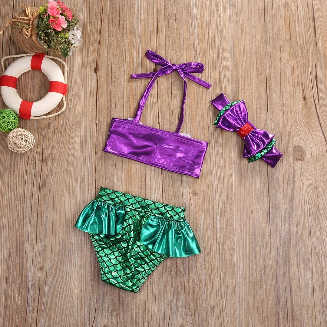 Lightweight girls mermaid bikini set - lace-up 3D bow top, triangle briefs, elastic headband, polyester, summer swimwear
