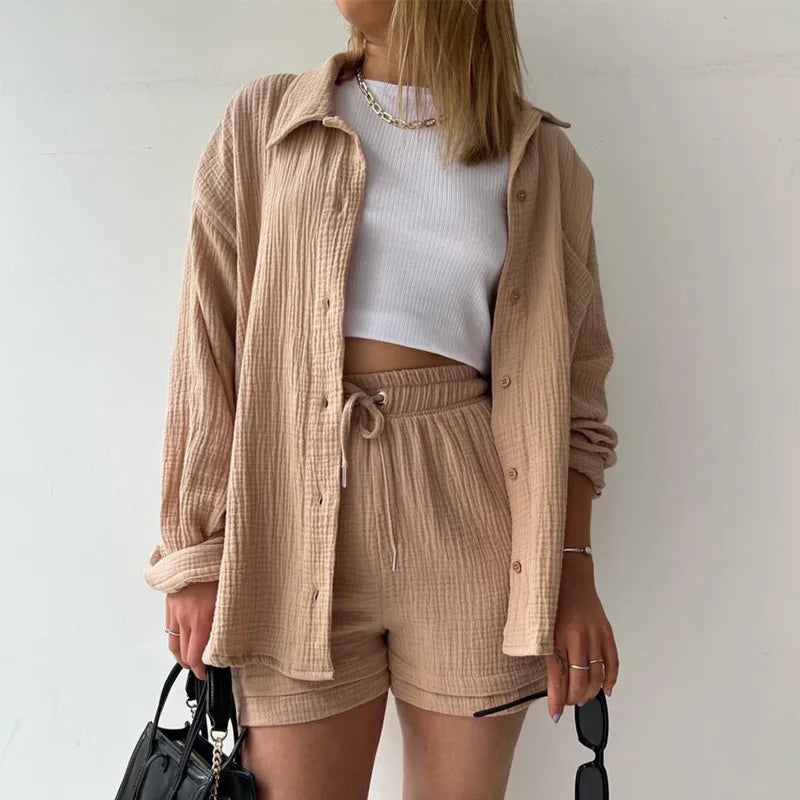 Women Two-Piece Set Orange Wrinkled Lapel Shirt &amp; High-Waisted Shorts Fashion Suit