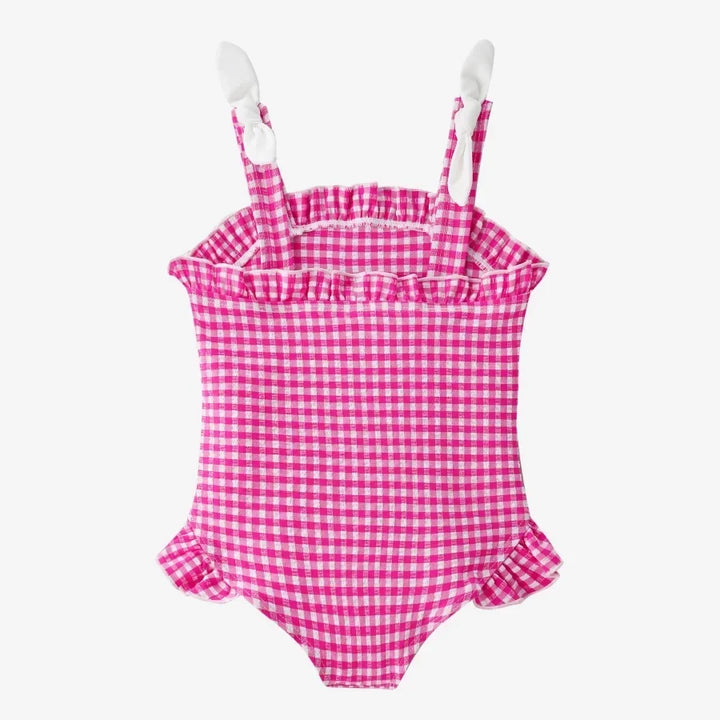 Quick-Dry Unisex Kids Swimsuit - One-Piece Gingham Plaid, Polyester, For Summer Vacation