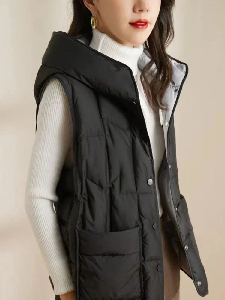 Lightweight Women Hooded Down Vest - Boxy, Down, Autumn