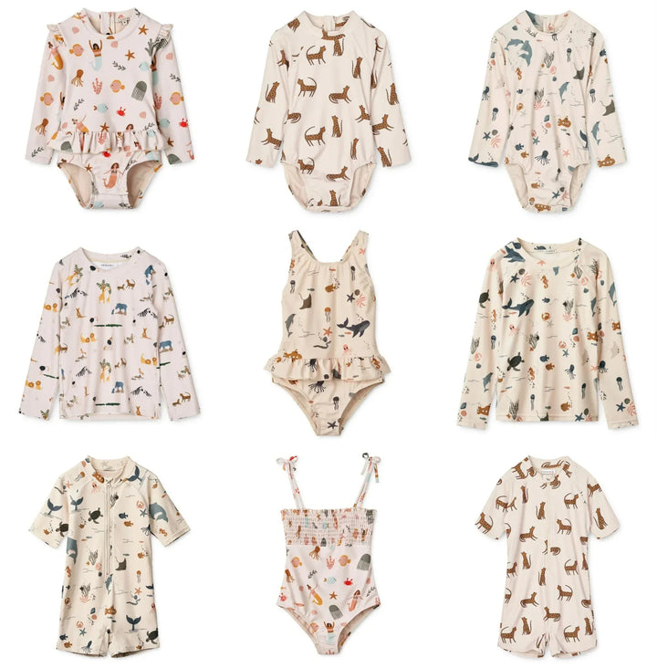 Quick-dry Kids’ Swimwear Set – Rash Guard &amp; Hat, Nylon, Cartoon Seagull Star Print, Beach Holidays