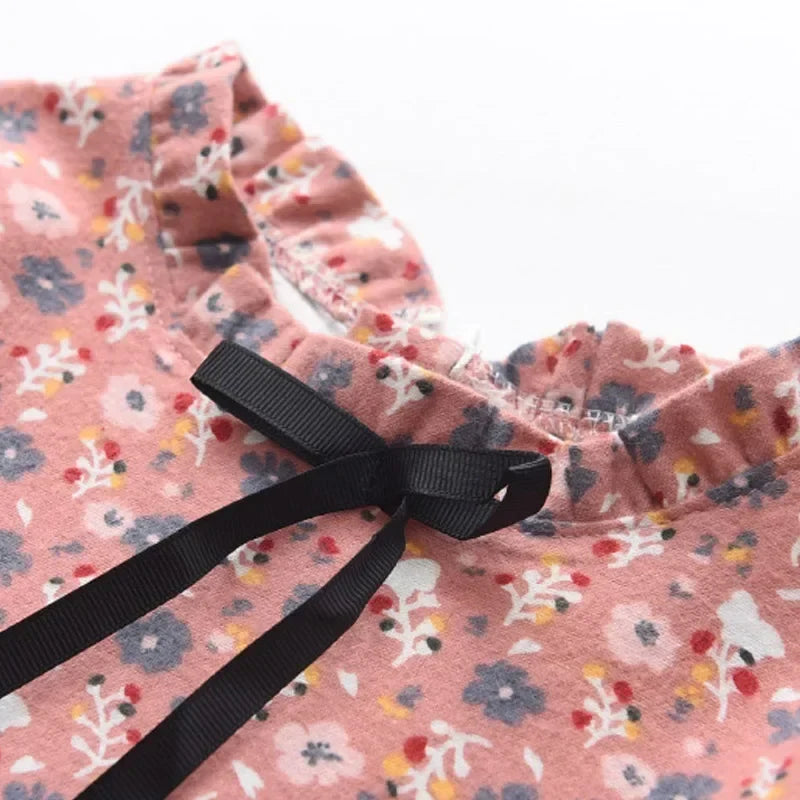 Soft Girls Dress – Long Sleeve Knee-Length, Floral Print, Cotton, Casual Autumn Wear