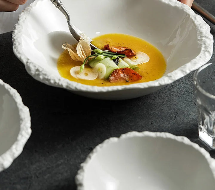 White Porcelain Rock Edge Soup Bowl Modern Tableware