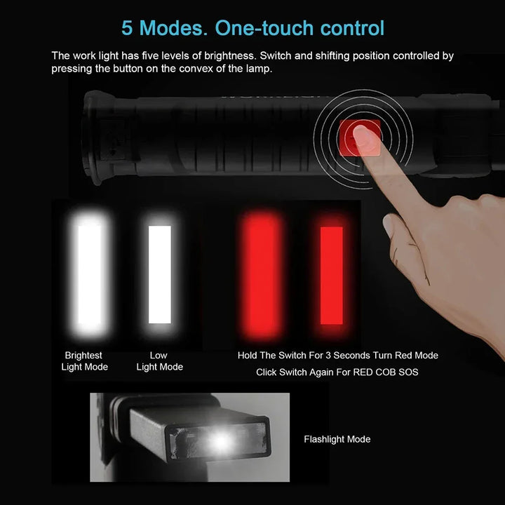 Rechargeable Camping LED Flashlight Work Light - IP64 Waterproof, 5 Modes, Magnet &amp; Hook for Night Work