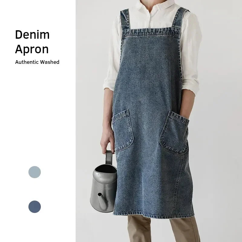 Denim Apron Washed Cotton Canvas Korean Dress Apron Fall 2025 Kitchen Garden Cooking Apron With Pockets