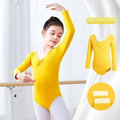 Soft Girls Ballet Leotard – Long Sleeve, Chest-Drawstring, Cotton, For Dance Class
