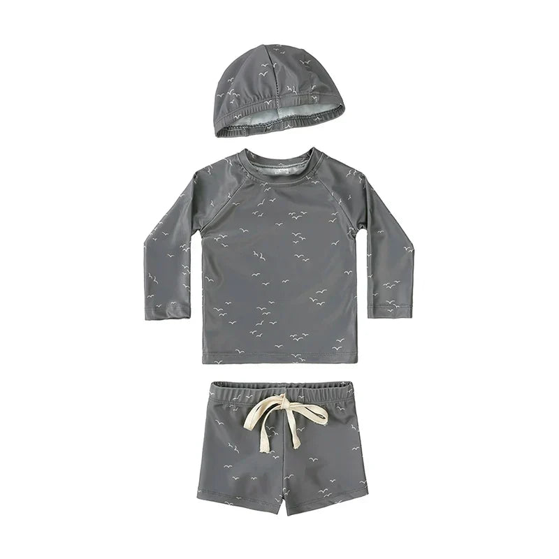 Breathable Kids Rash Guard Swim Set – Long-Sleeve Top, Swim Pants, Hat, Polyester Elastane, Beach Vacation