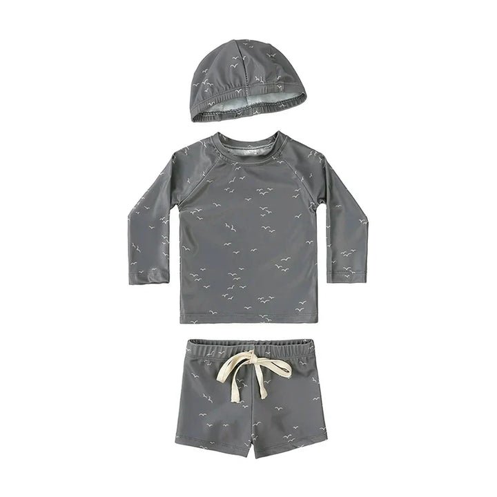 Breathable Kids Rash Guard Swim Set – Long-Sleeve Top, Swim Pants, Hat, Polyester Elastane, Beach Vacation