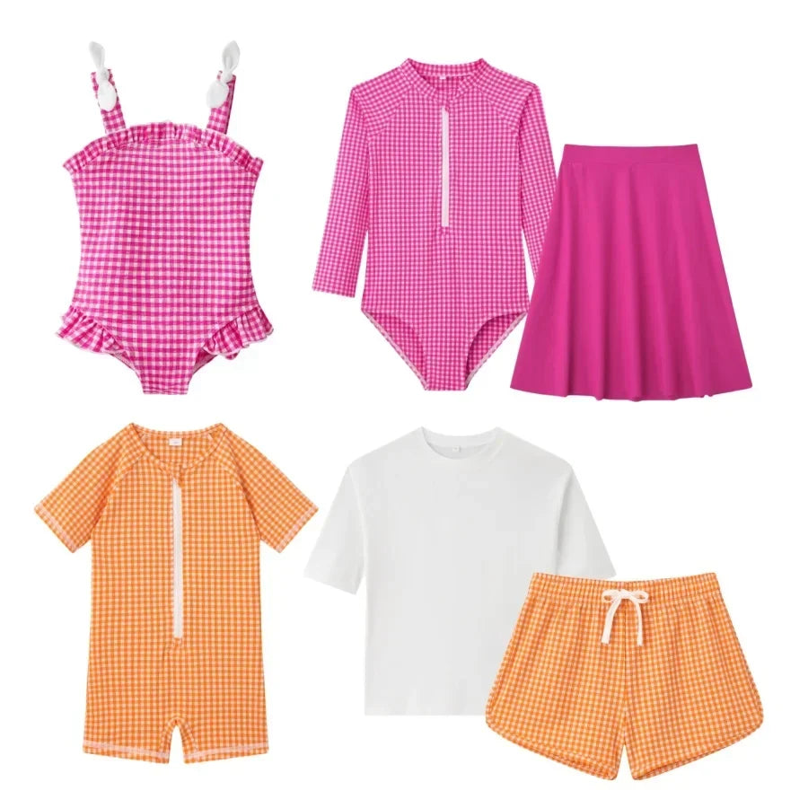 Quick-Dry Unisex Kids Swimsuit - One-Piece Gingham Plaid, Polyester, For Summer Vacation