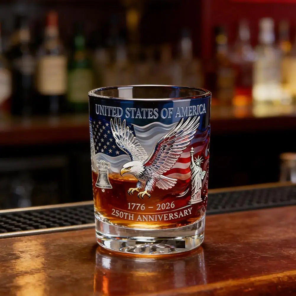 Patriotic Whiskey Glass Hand Blown Eagle Glassware USA 250th Anniversary Rotating Cup Gift Idea