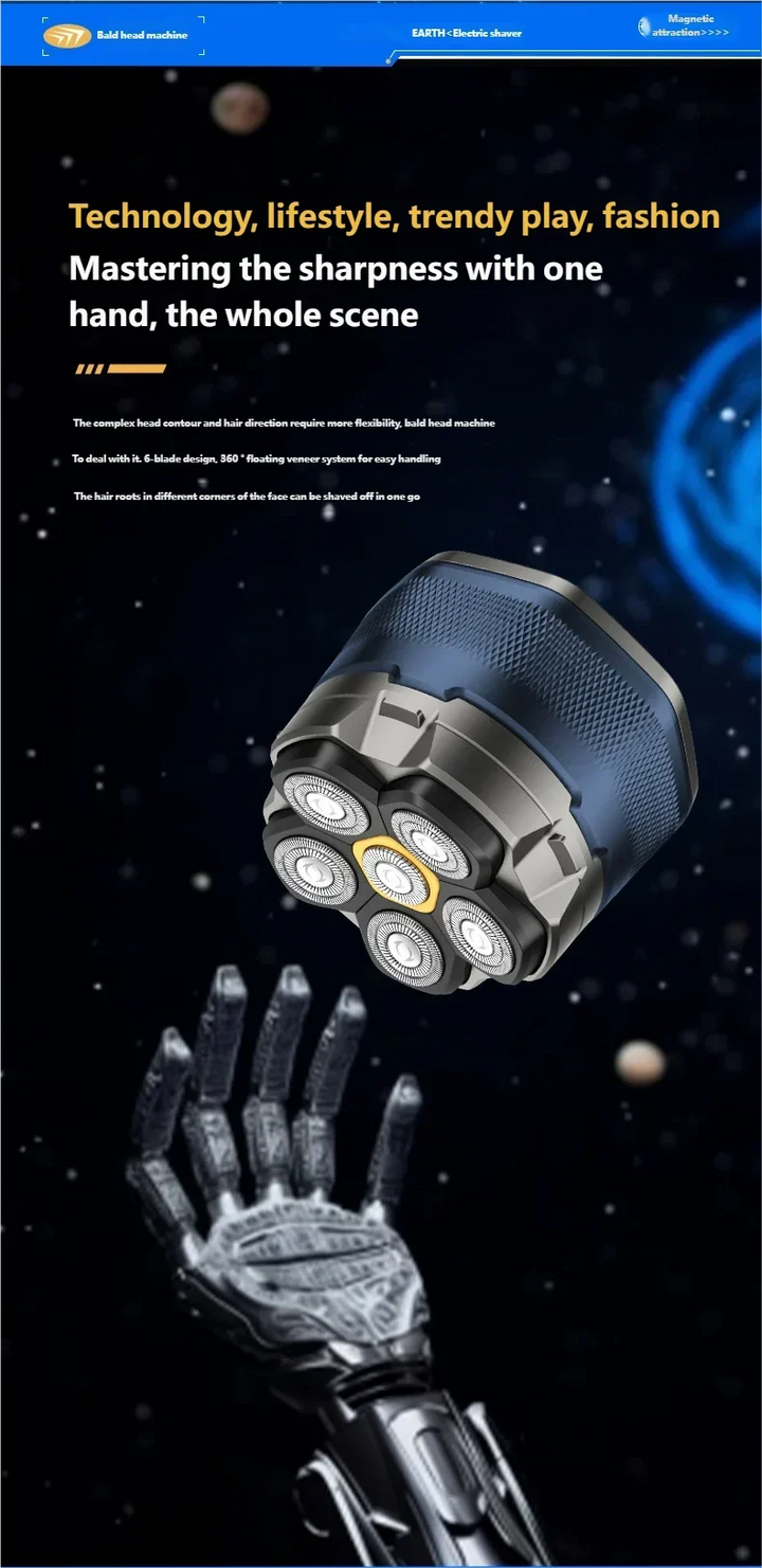 6D Electric Head Shaver for Men - Waterproof Magnetic Rotary Razor with LED Bald Head Hair Trimmer