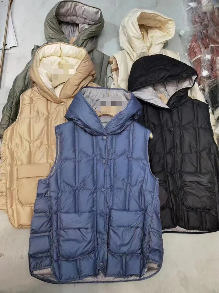 Lightweight Women Hooded Down Vest - Boxy, Down, Autumn