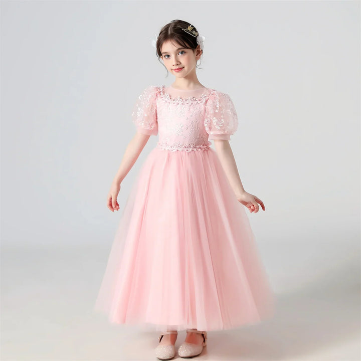 Soft Girls’ Lace-Embroidered Princess Dress - Puff Sleeve, Polyester, For Weddings and Parties